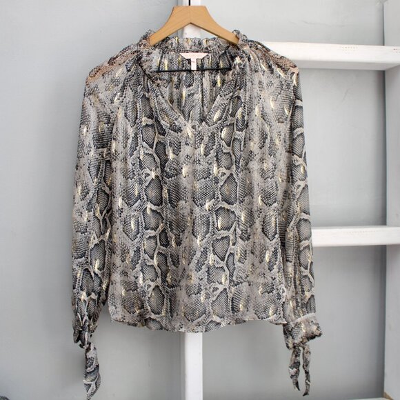 Rebecca Taylor Snake Print Metallic Black Silk Long Sleeve Blouse Top Size 0 - Picture 1 of 9